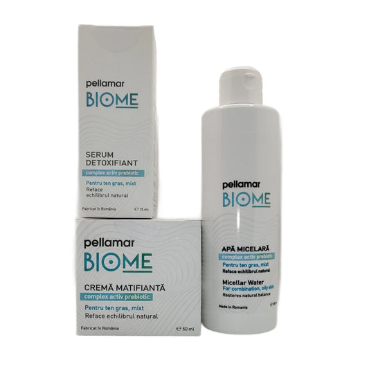 Pachet COMPLET BIOME TEN GRAS, MIXT (Cremă matifiantă + Serum detoxifiant + Apă micelară)